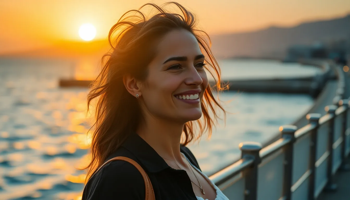 Femme souriante pratiquant la méditation avec une vue sur la promenade des Anglais à Nice.