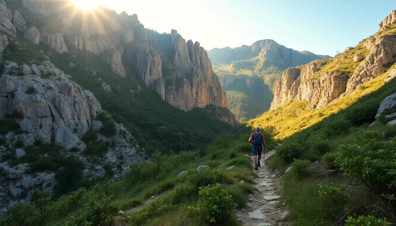 Un sentier sinueux traversant une forêt dense et sauvage, avec des rayons de soleil filtrant à travers les feuilles.