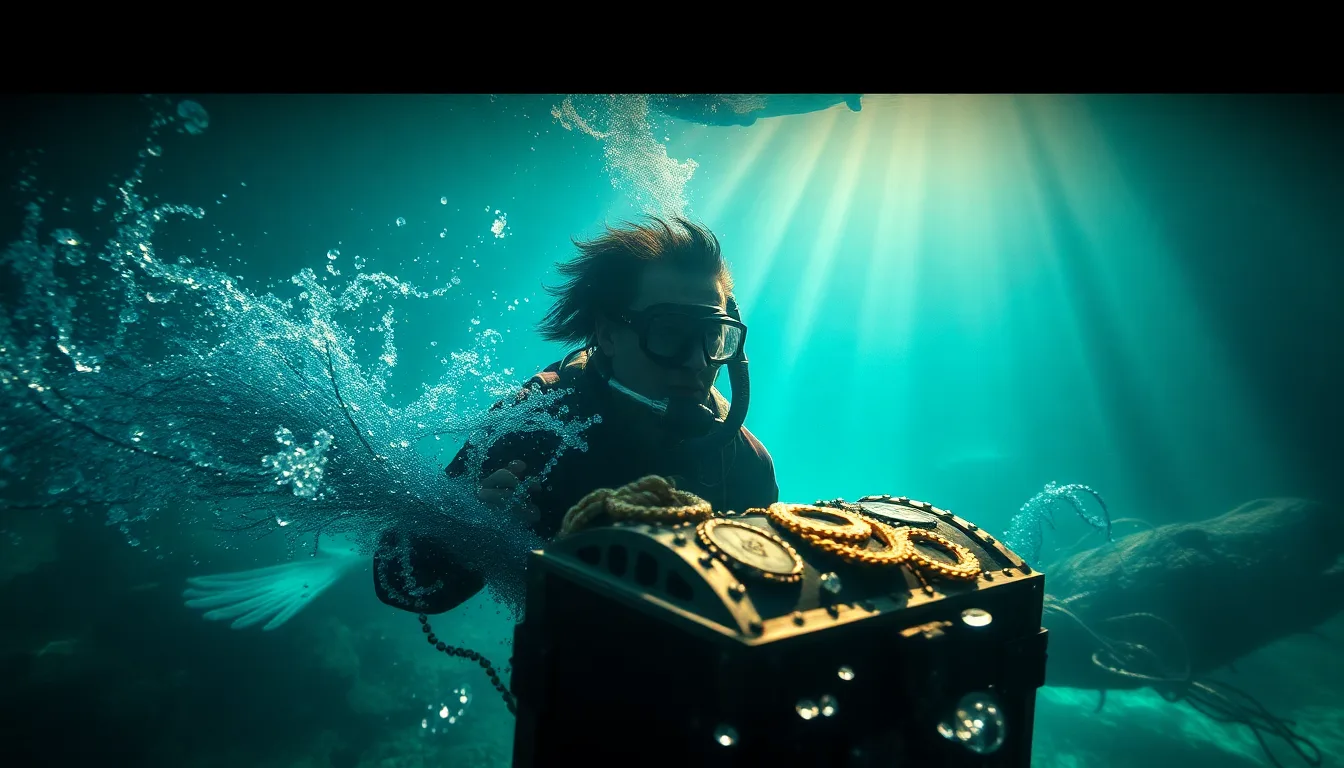 Plongeur découvrant une vieille caisse en bois au fond de l'océan, entourée de poissons colorés.