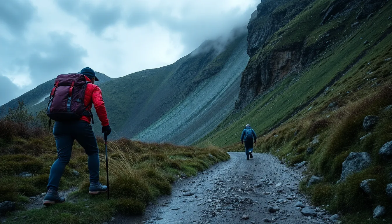 Un sentier de randonnée en montagne envahi par des broussailles denses et des rochers instables.