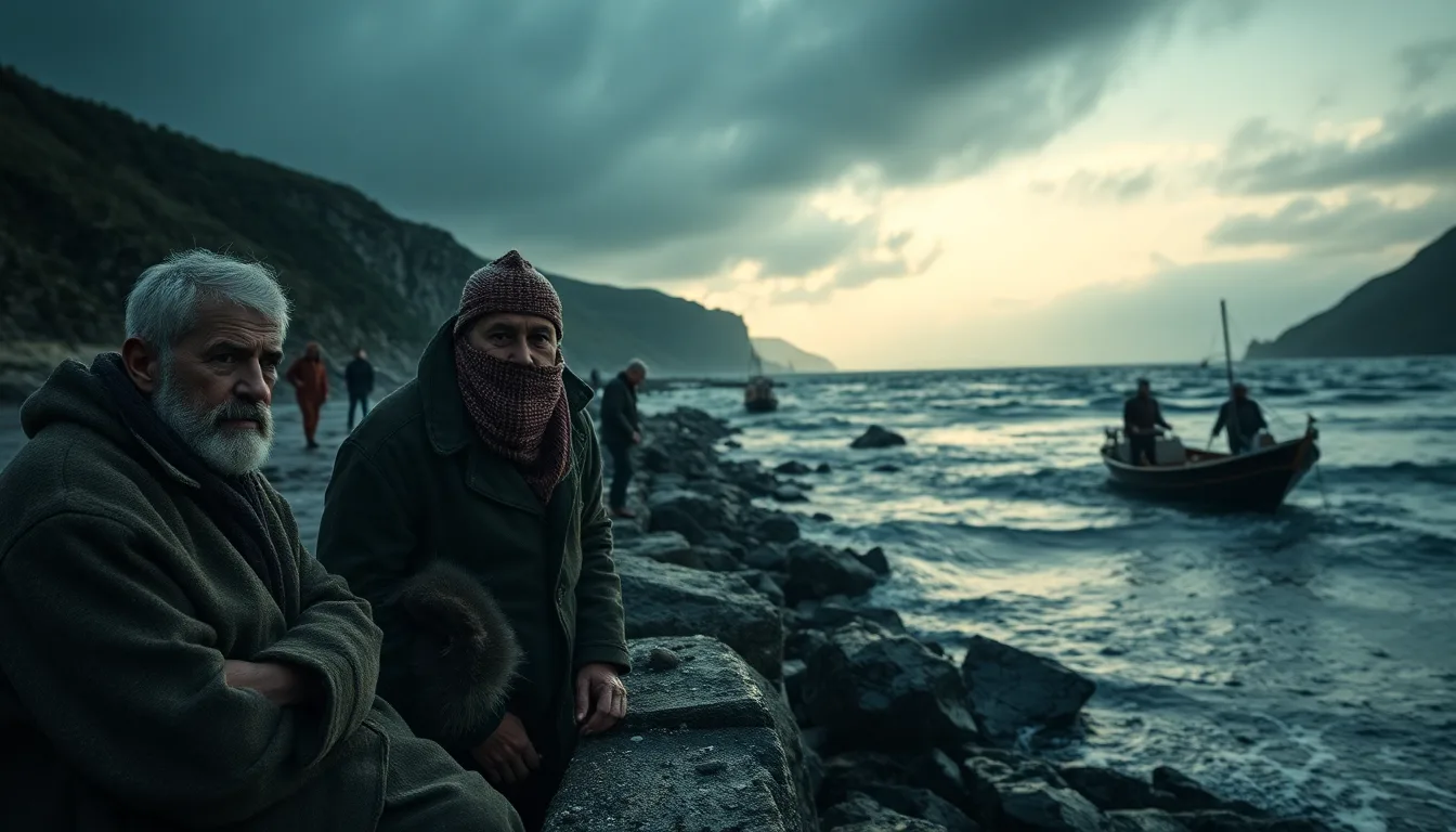 Bateau de pêche avec une nappe de pétrole visible dans l'eau