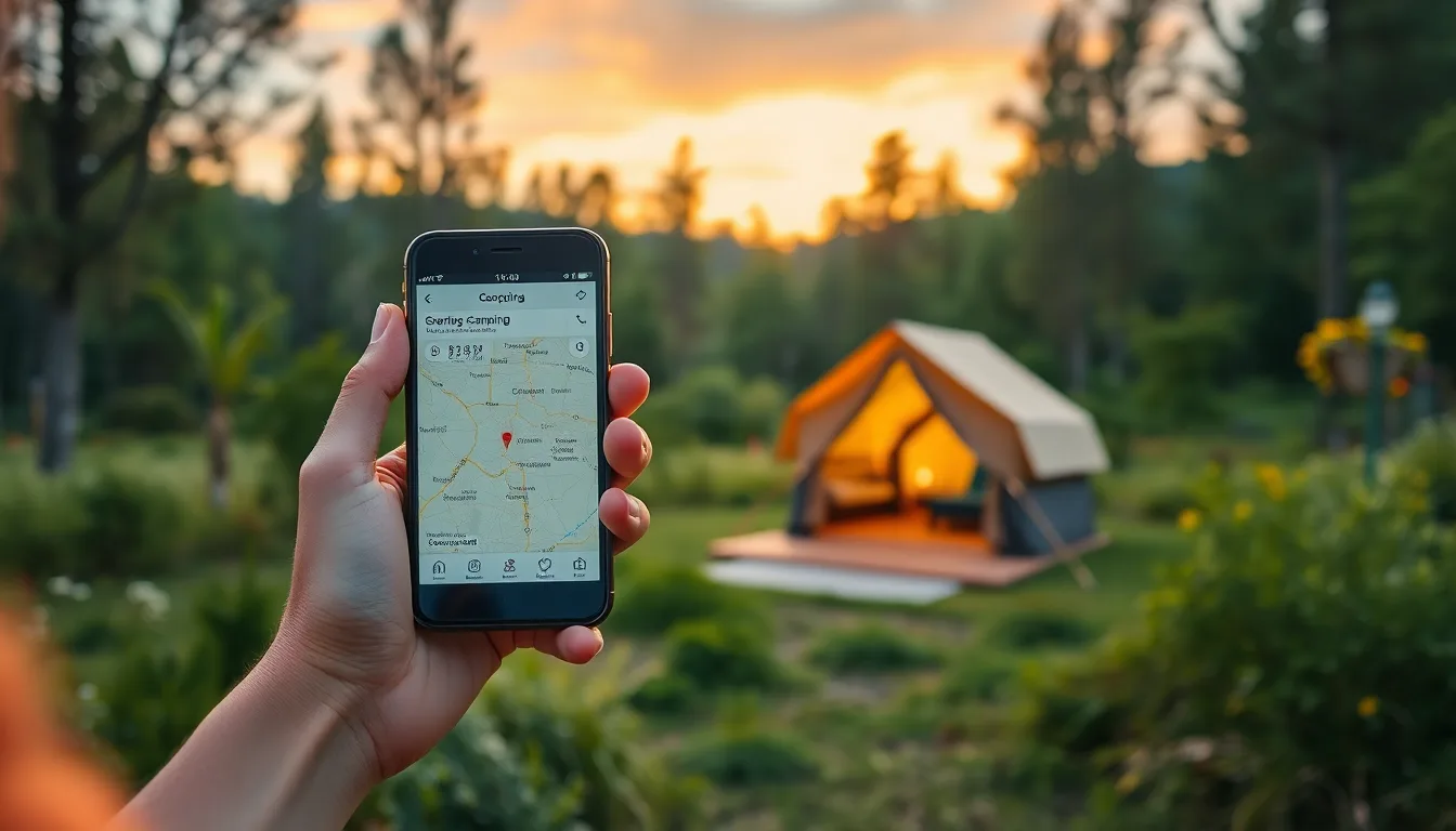 Aventurier utilisant une application de géocaching pour découvrir un spot de camping secret et moderne au milieu de la nature.