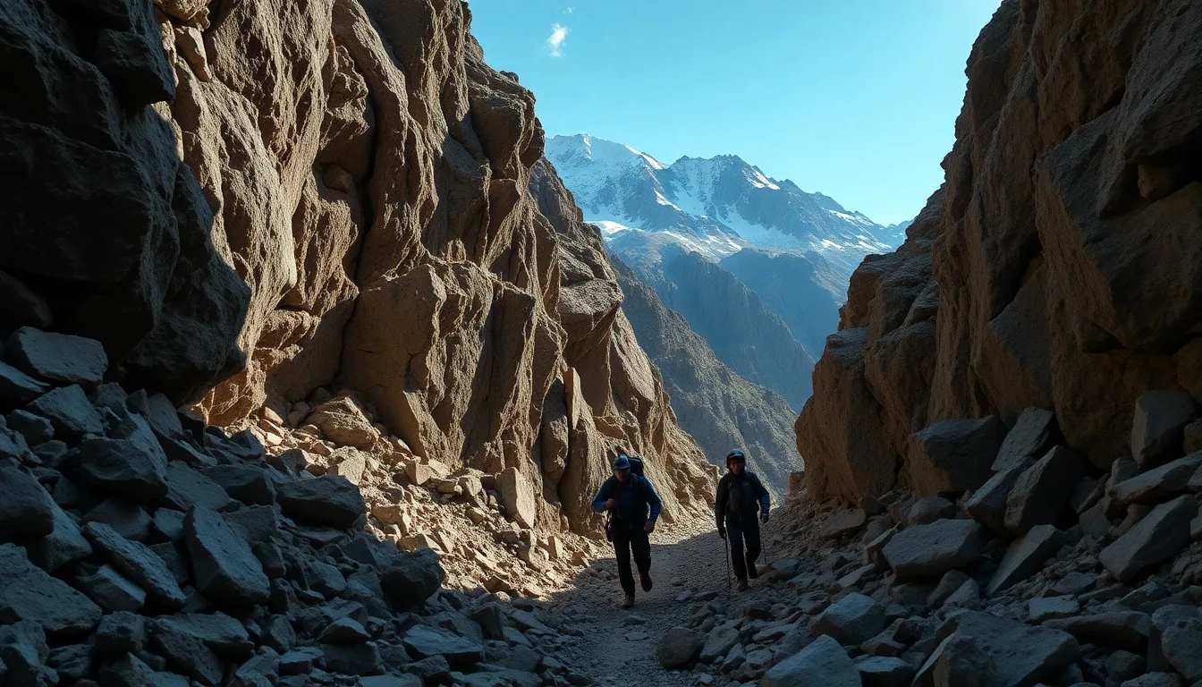 Sentier de montagne bloqué par des rochers suite à un éboulement