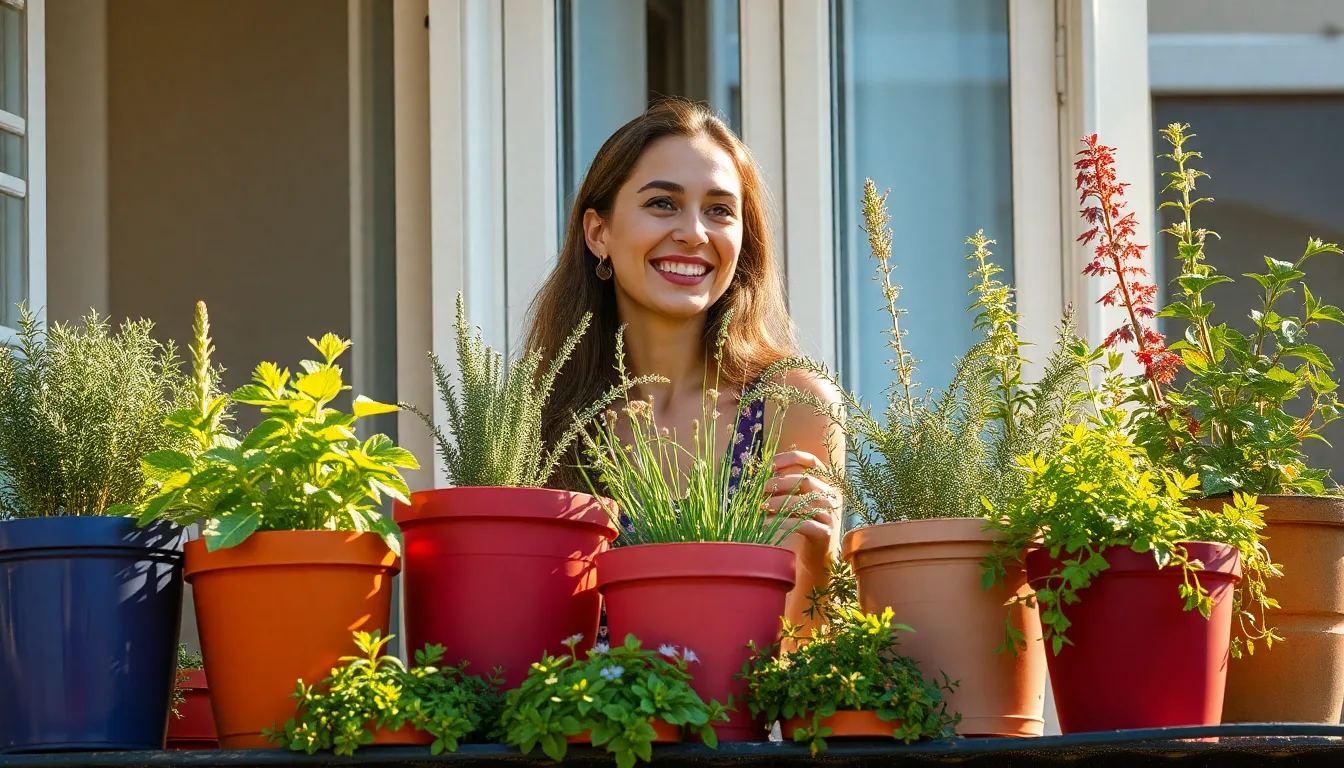 Un balcon aménagé avec plusieurs pots de plantes aromatiques colorées et des contenants recyclés.