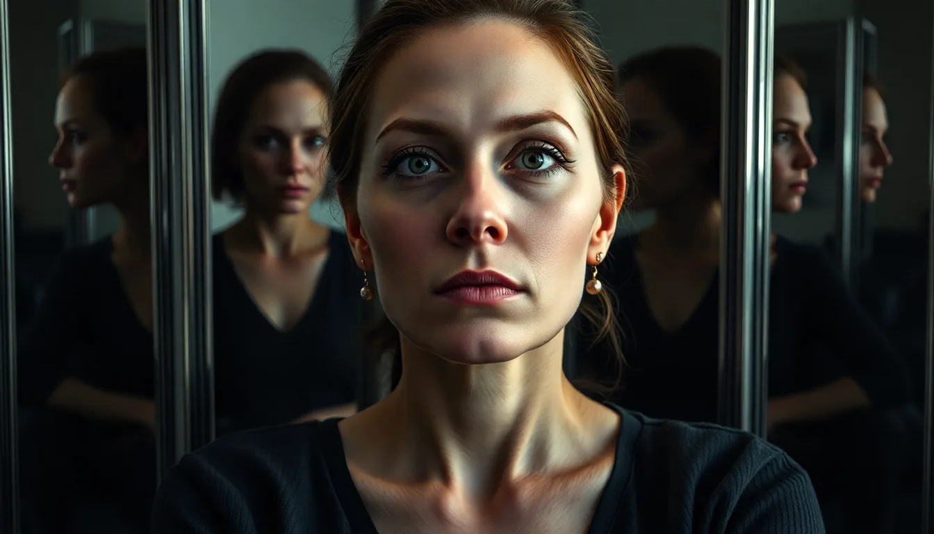 Femme soucieuse face à un miroir reflétant des pensées négatives