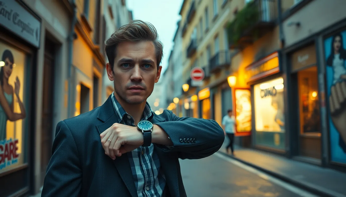 Personne regardant nerveusement sa montre en pleine rue animée