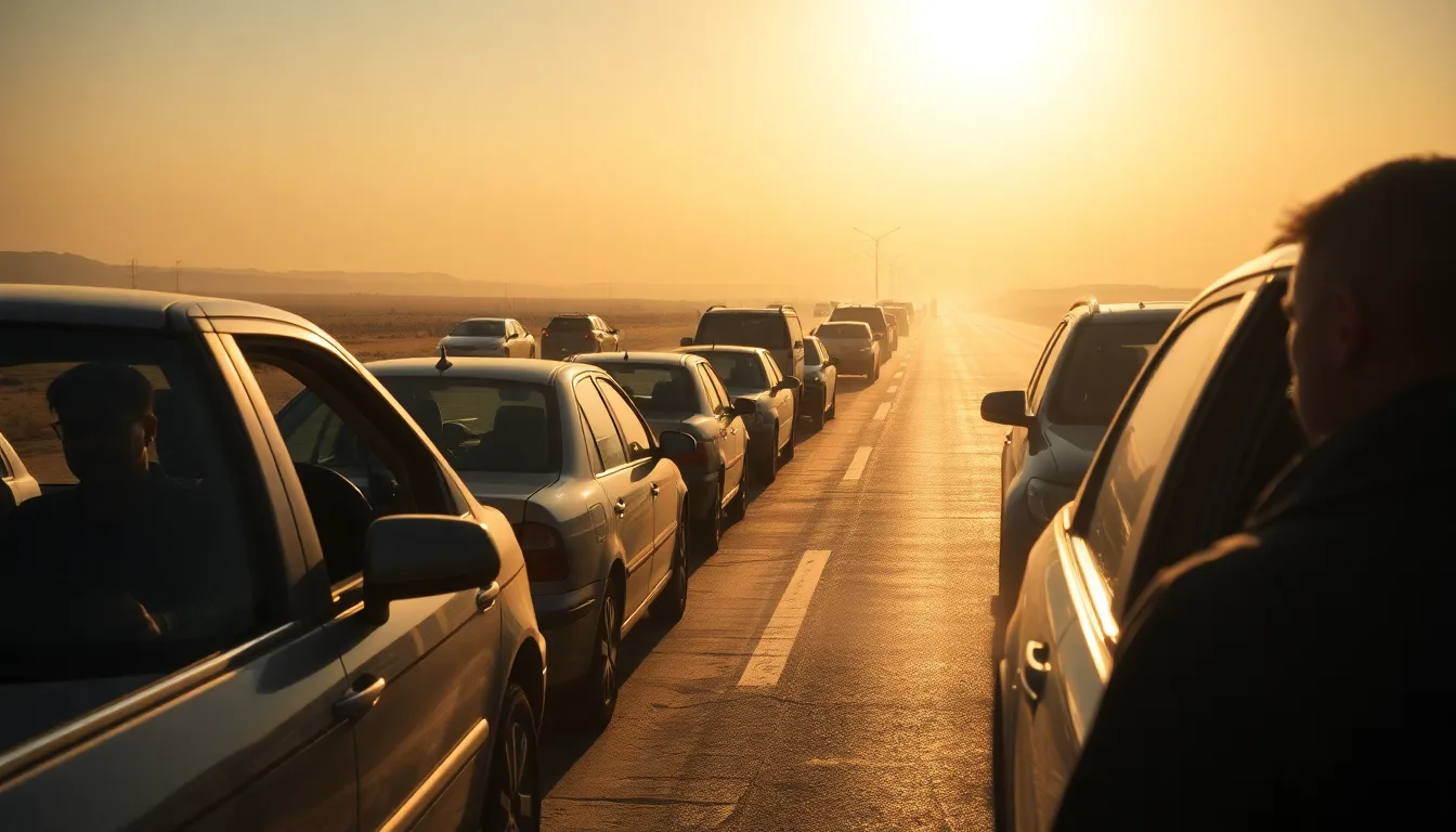 Une route bloquée par des véhicules immobilisés, sous un soleil de plomb.