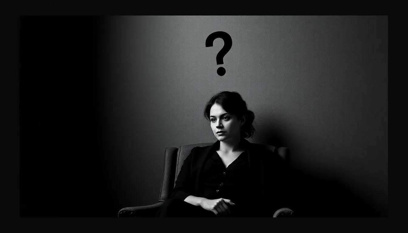 Une personne assise, le regard perdu dans le vide, avec des bulles de pensée grises et menaçantes autour de sa tête, portant des phrases comme 'pas assez bon'.