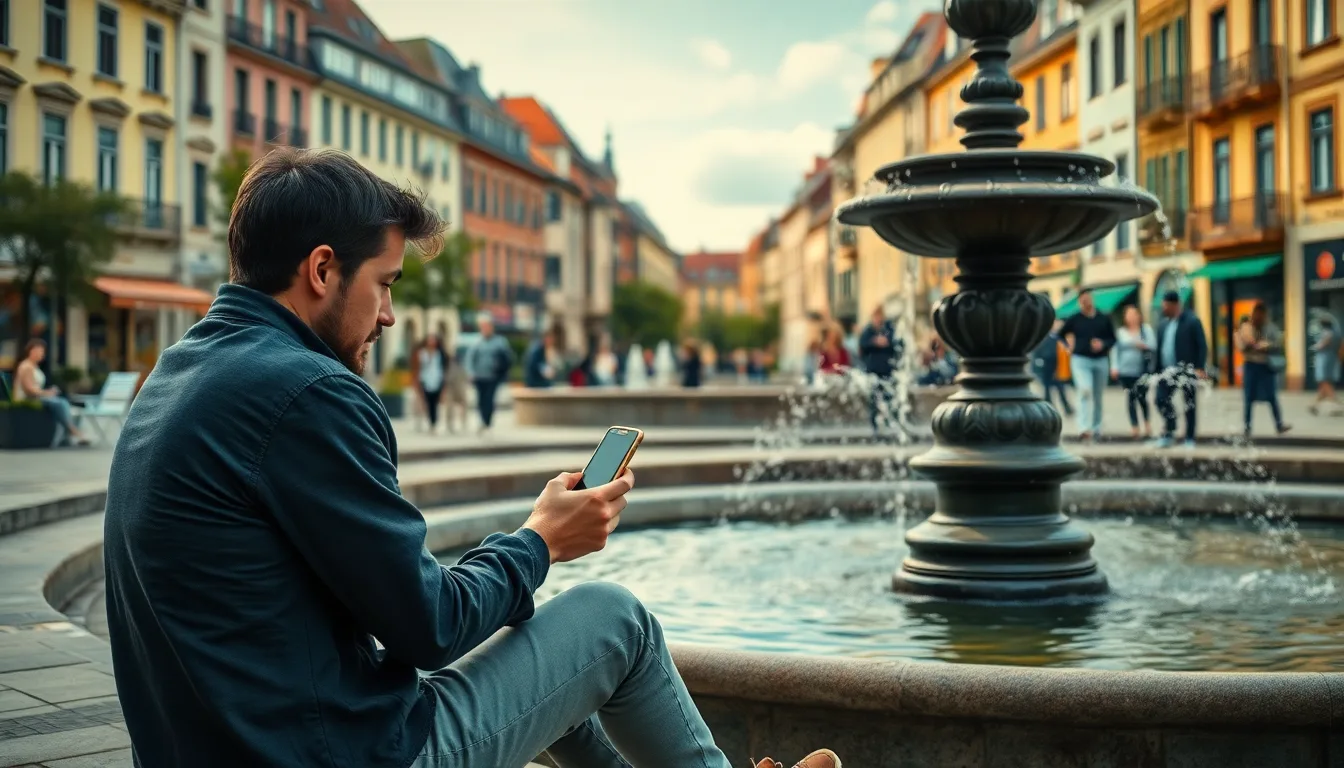 Une personne regardant son téléphone au lieu d'admirer un monument urbain.