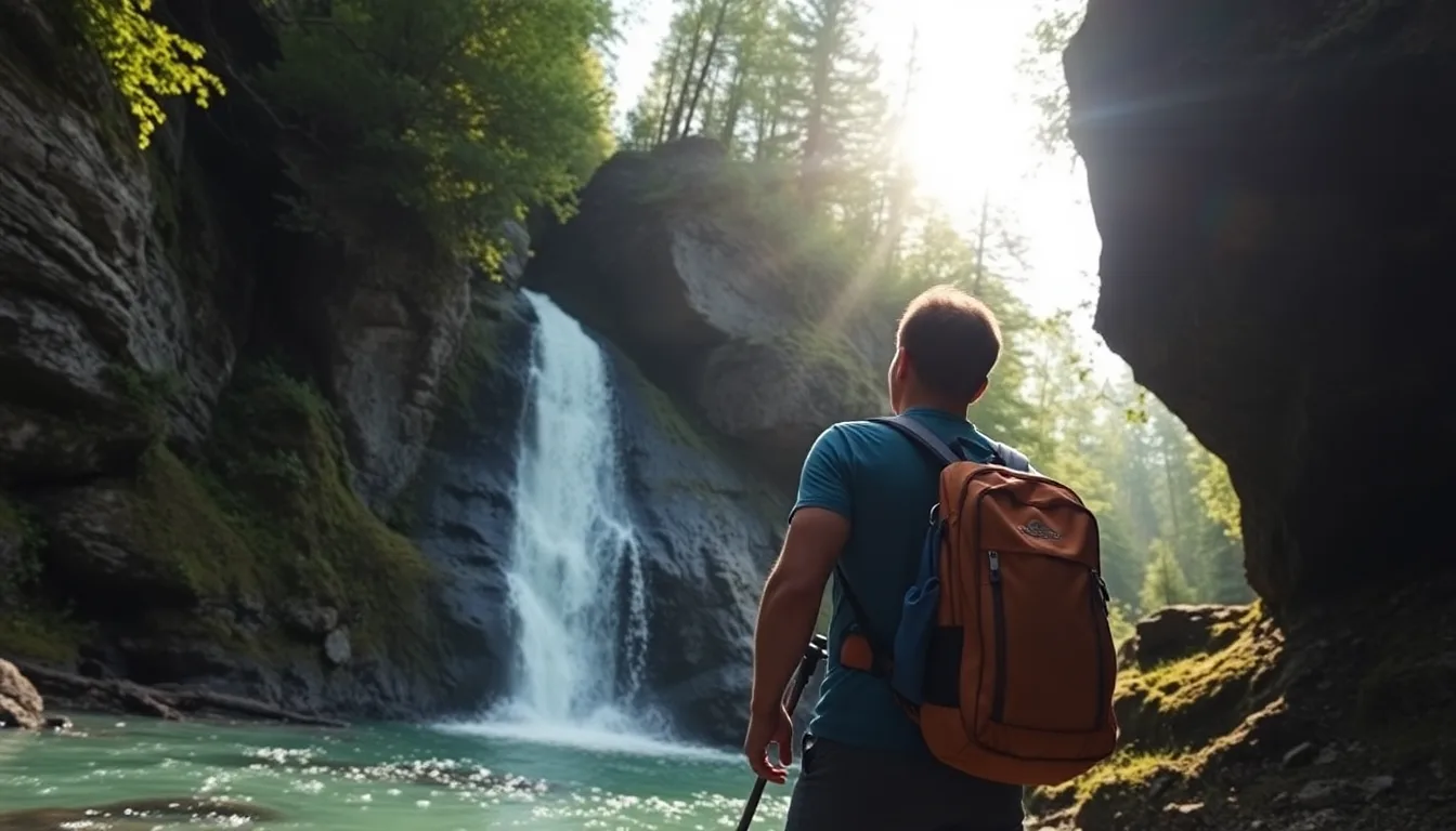 Un sentier forestier menant à une cascade spectaculaire
