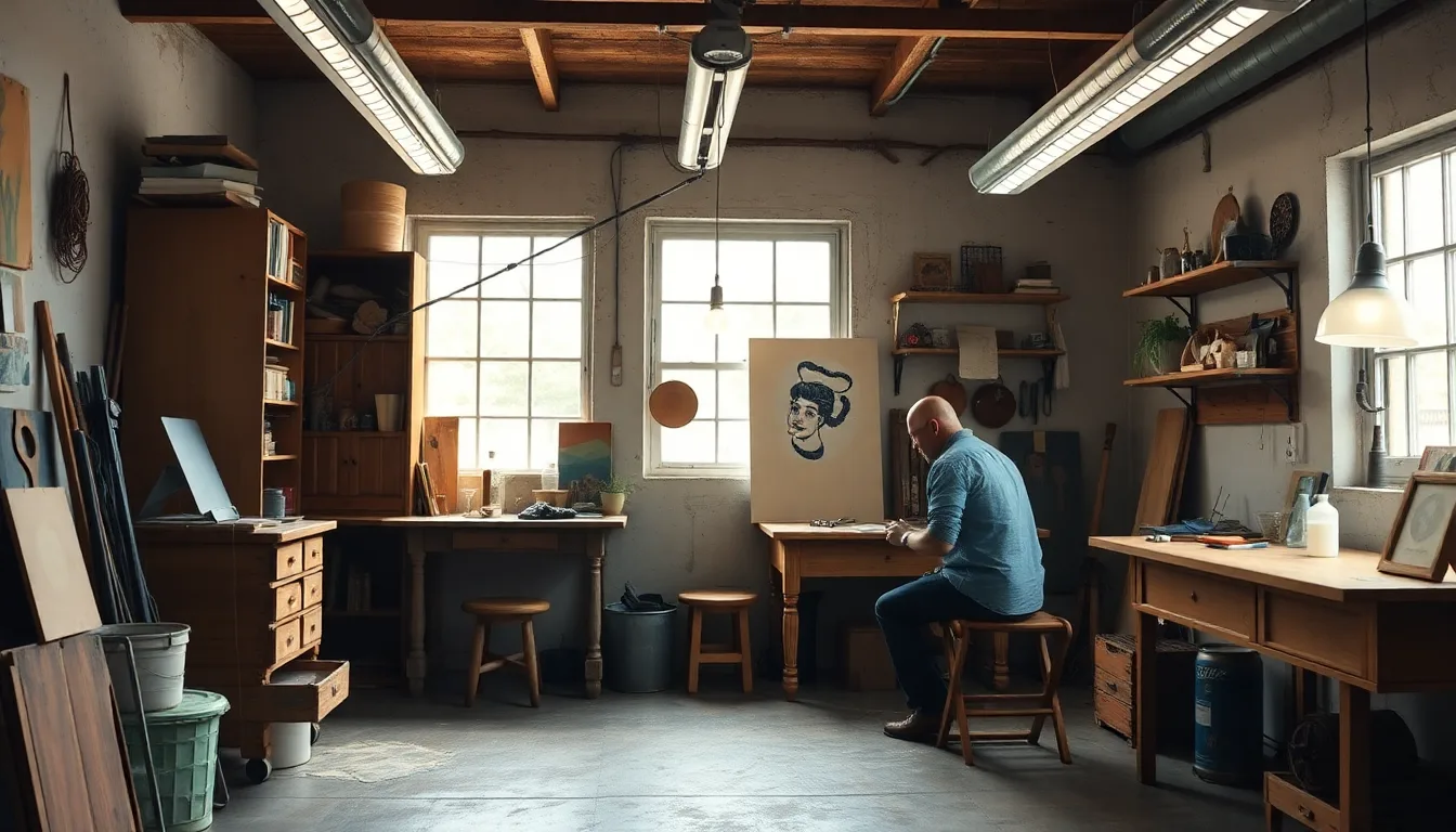 Ancien garage sombre et désordonné métamorphosé en un atelier lumineux et organisé, rempli d'outils et d'œuvres d'art.
