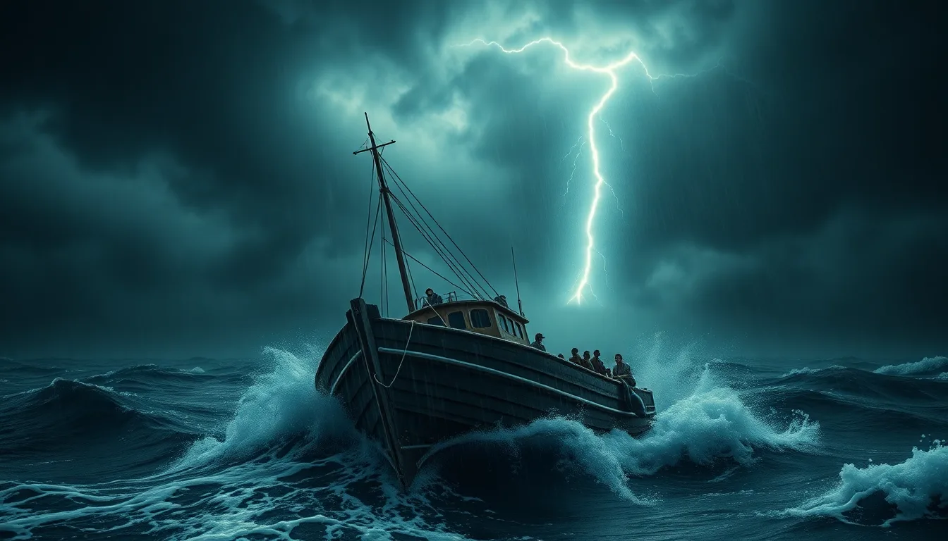 Un petit bateau balloté par des vagues déchaînées sous un ciel d'orage menaçant.