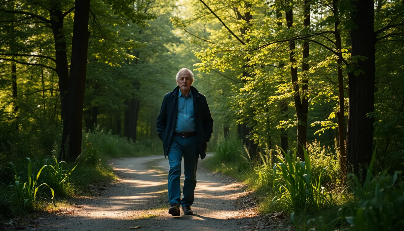 François Morel marchant sur un sentier forestier paisible