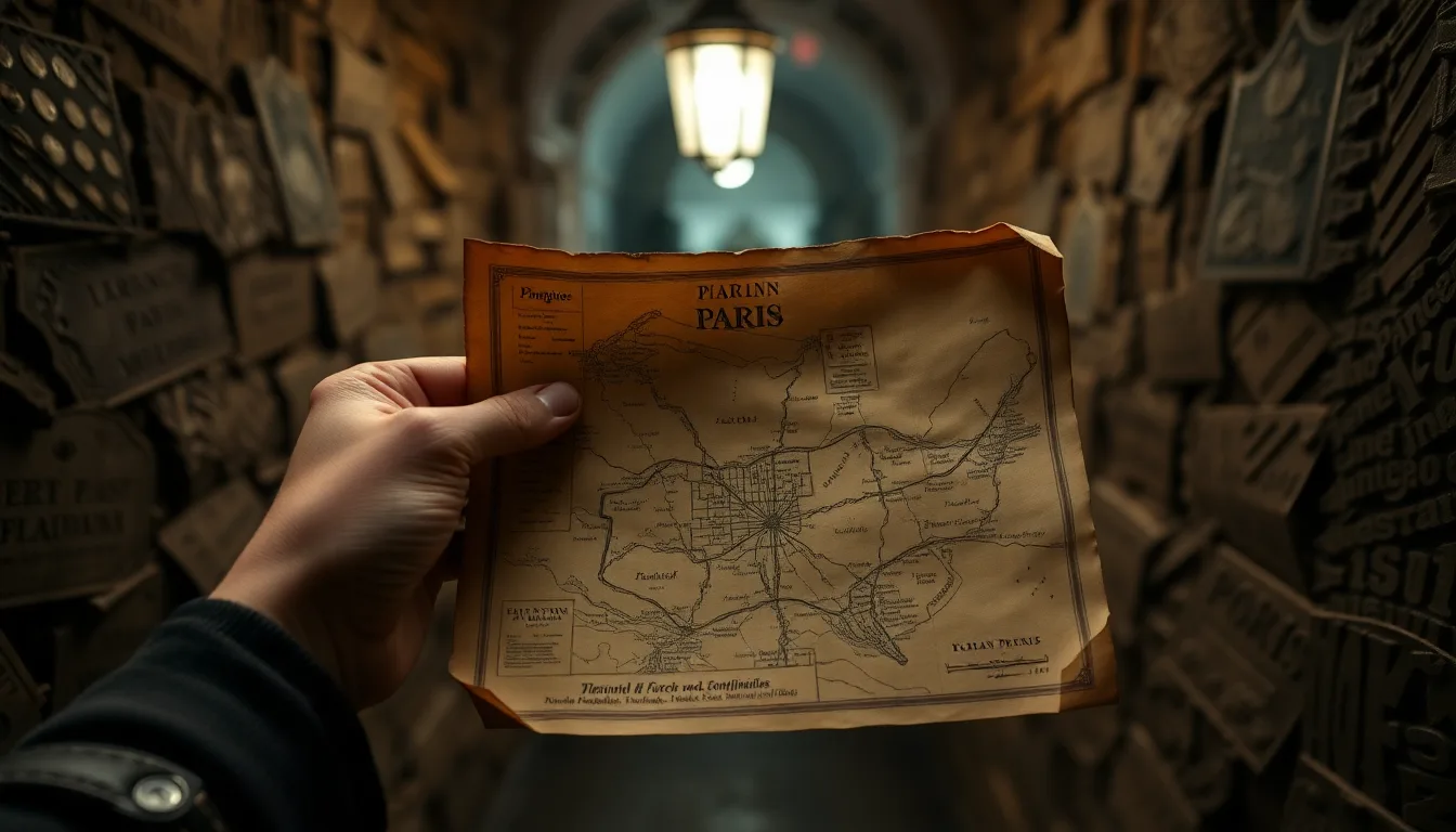 Une vieille carte manuscrite de Paris dépliée sur une table poussiéreuse, avec des lignes rouges indiquant des passages cachés.