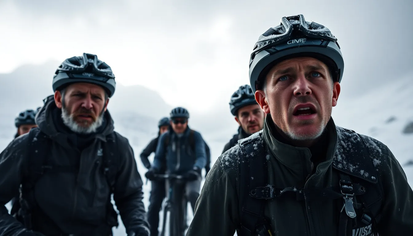 Randonneurs confrontés à une tempête violente en montagne, ambiance désespérée