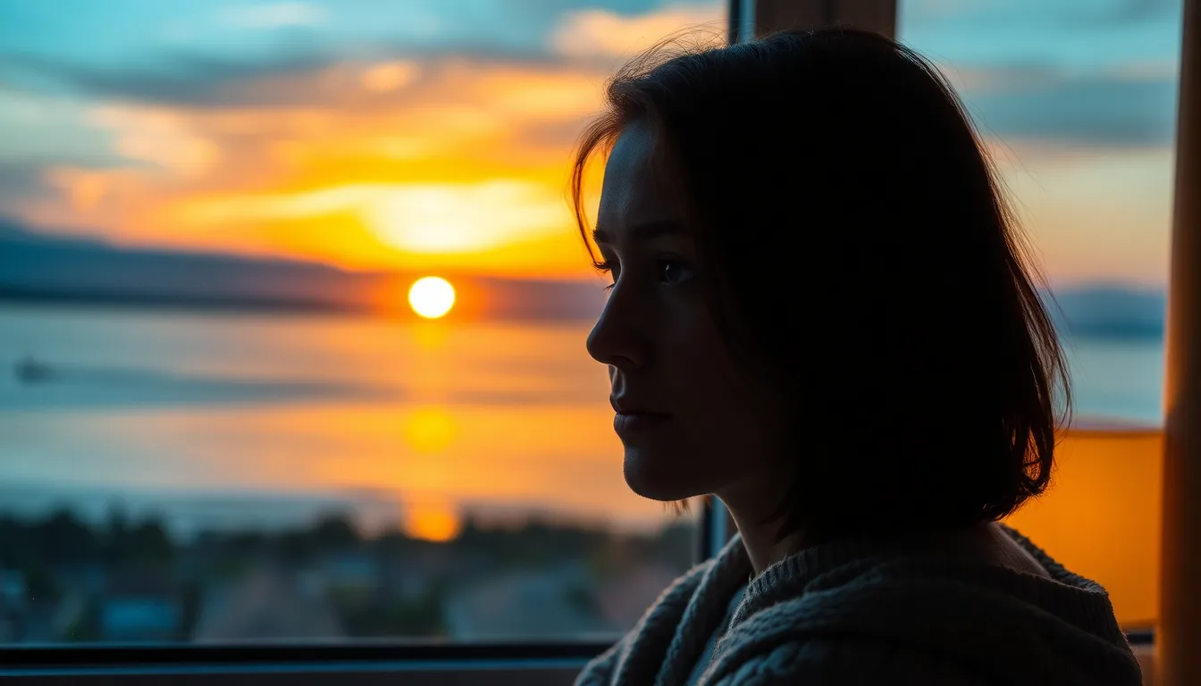 Une personne assise, le regard pensif, avec des ombres représentant des pensées négatives autour de sa tête.