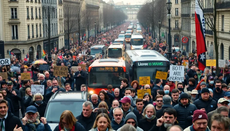 Vue aérienne de rues lyonnaises bloquées par une foule de manifestants, avec des véhicules immobiles.