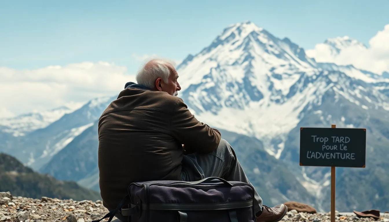 Silhouette d'une personne regardant un paysage montagneux lointain, symbolisant le désir d'aventure retenu.