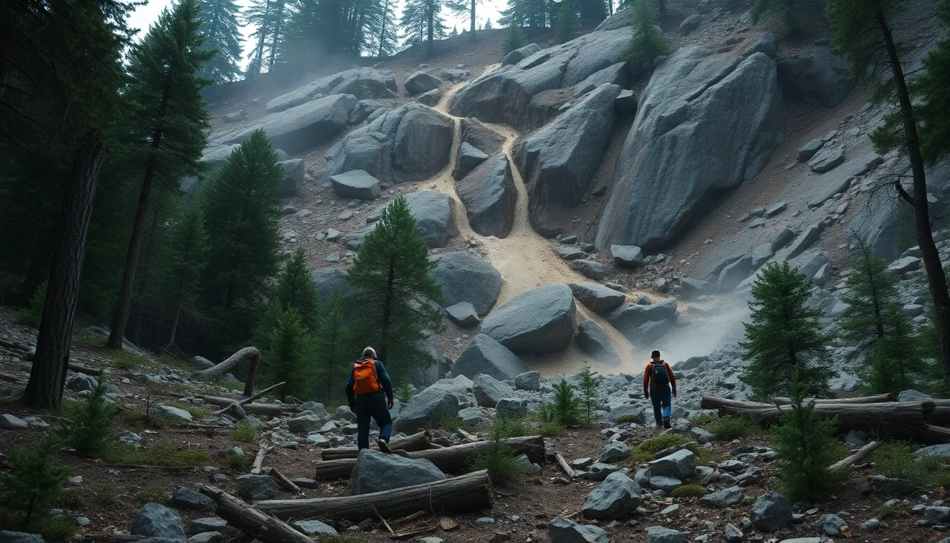 Sentier de forêt jonché de gros rochers tombés, bloquant le passage, avec une atmosphère inquiétante.