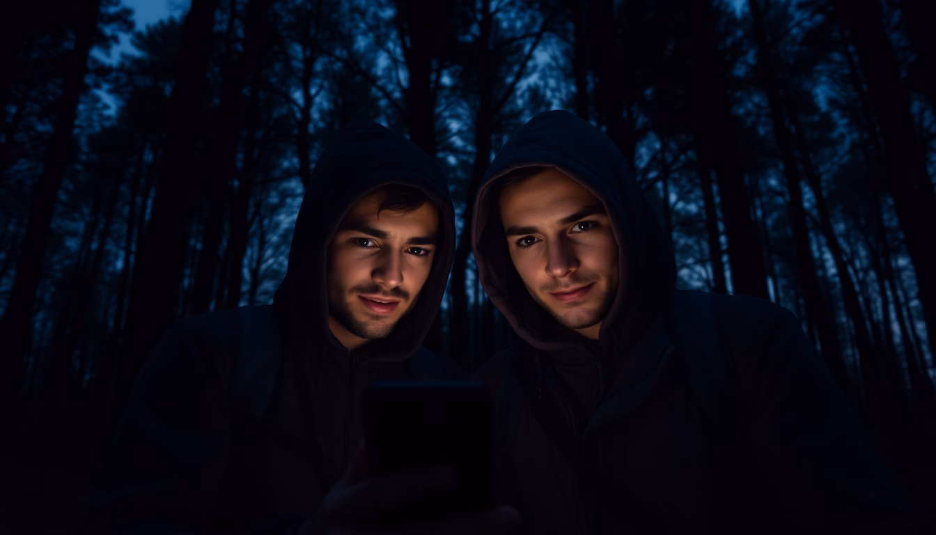 Couple de randonneurs effrayés dans une forêt dense, regardant derrière eux.