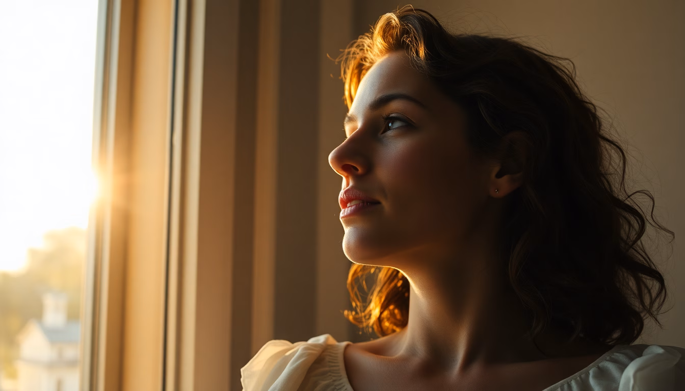 Femme souriante pratiquant une séance de méditation paisible au lever du soleil.