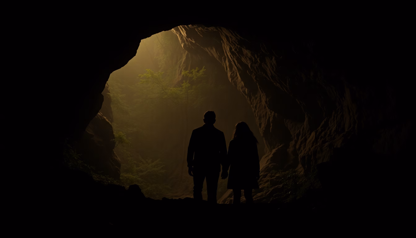 Un couple regardant avec surprise l'entrée d'une grotte dissimulée dans une forêt dense.