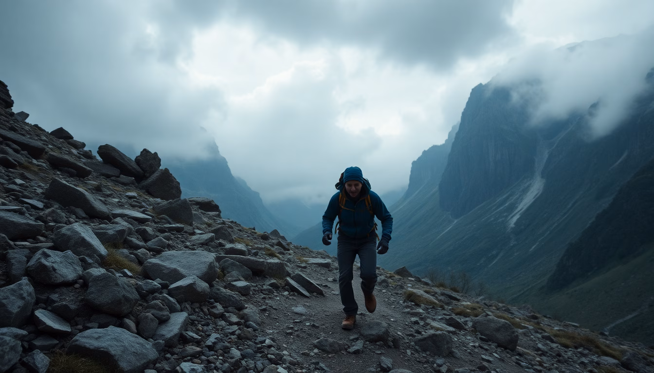 Un sentier de montagne obstrué par des rochers suite à un éboulement.