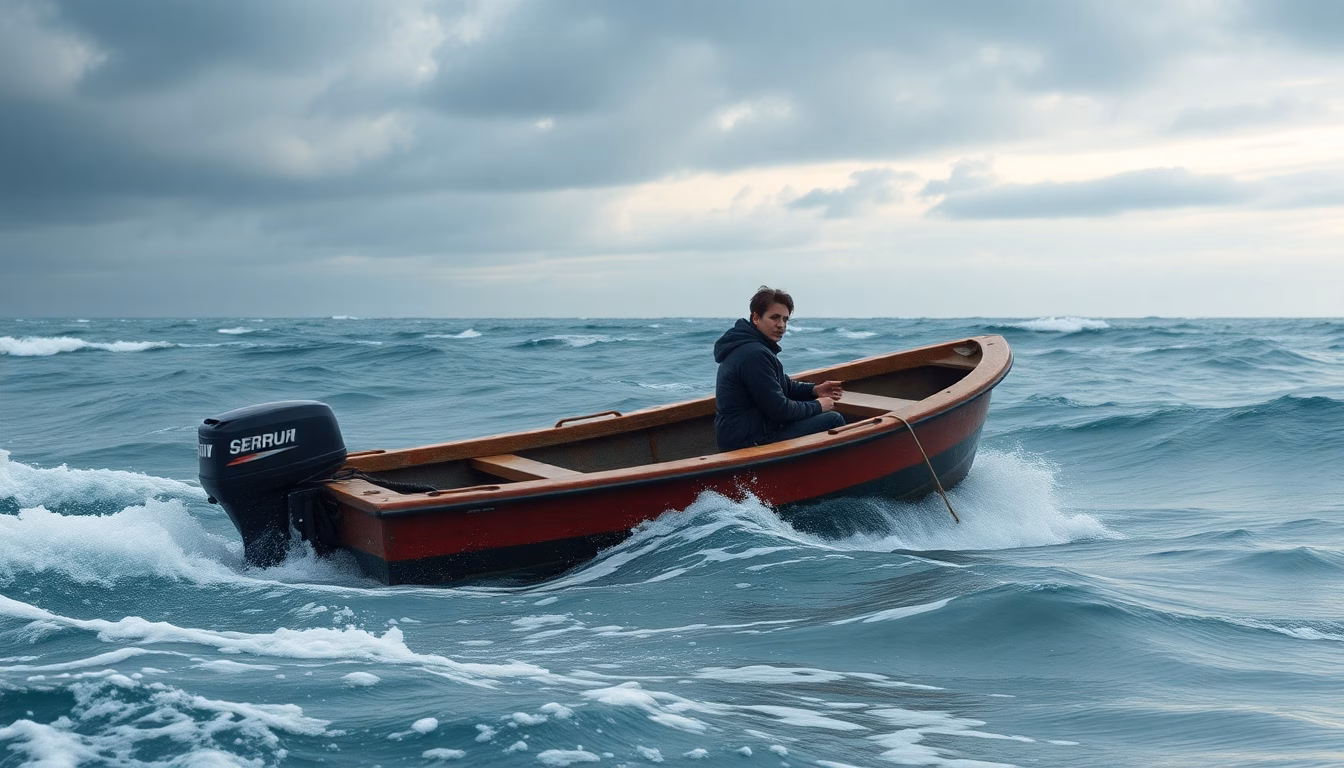 Bateau à l'arrêt en pleine mer avec des personnes inquiètes