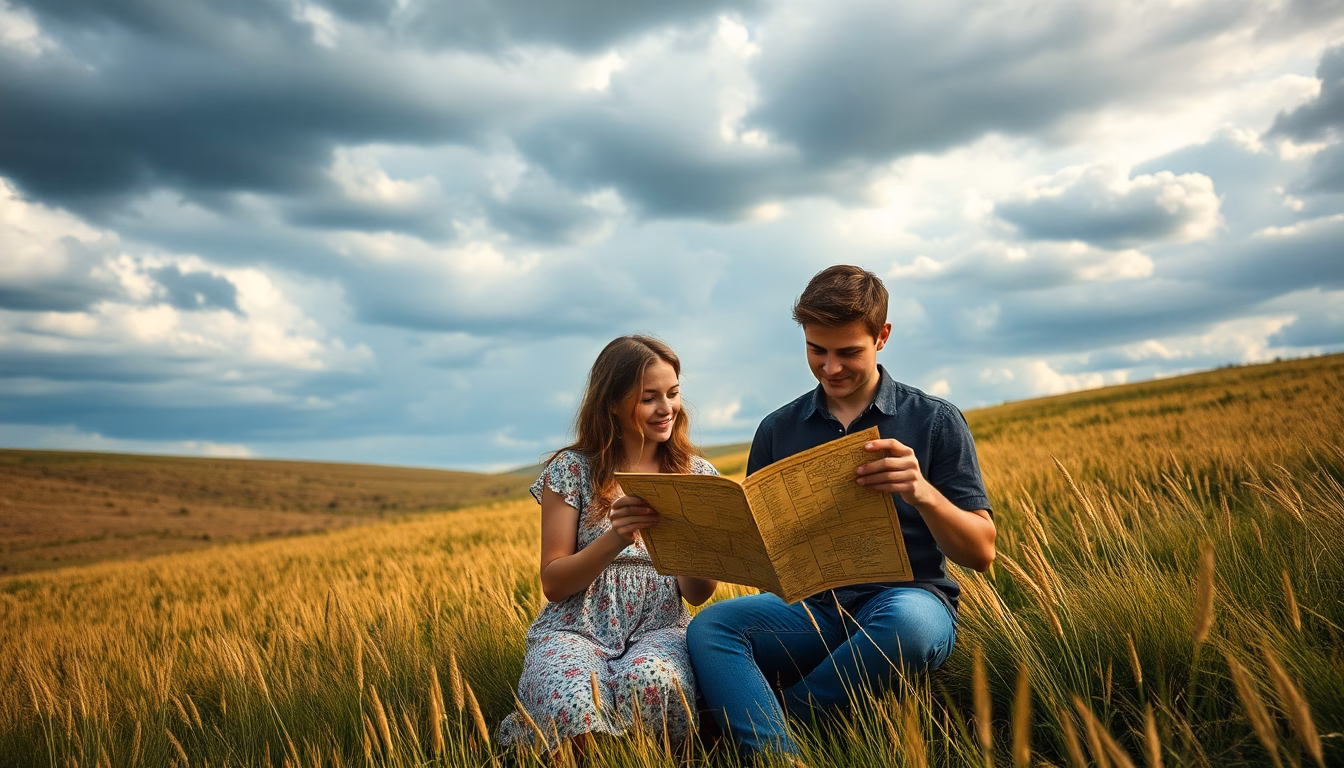 Couple consultant une carte ancienne avec un paysage rural flou en arrière-plan.