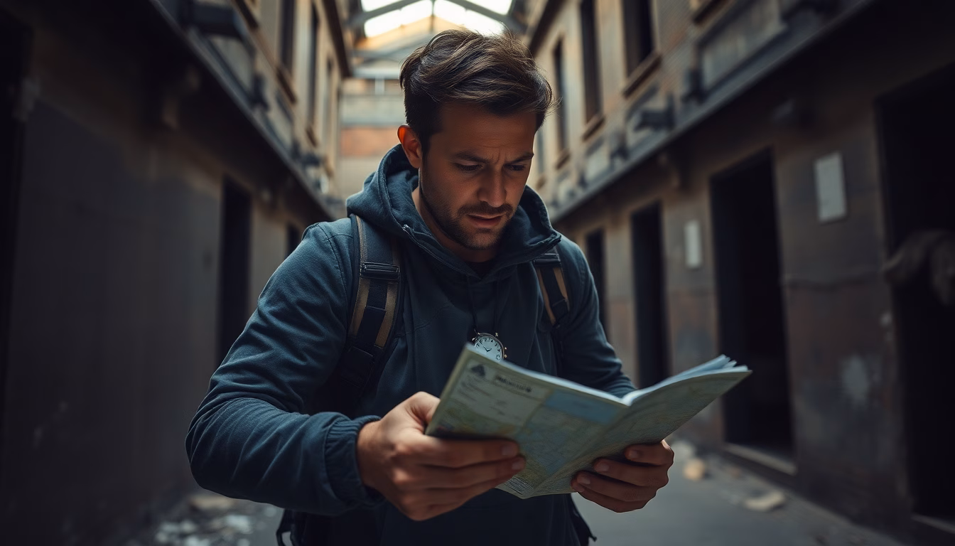 Personne regardant une carte dans une rue déserte avec des graffitis