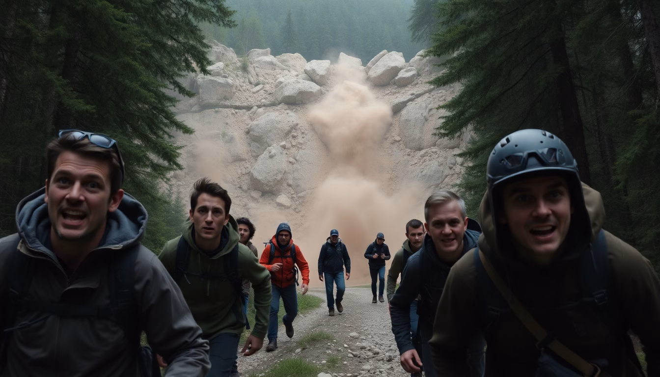 Un sentier forestier escarpé bloqué par des rochers tombés d'une falaise, des randonneurs figés par la peur.