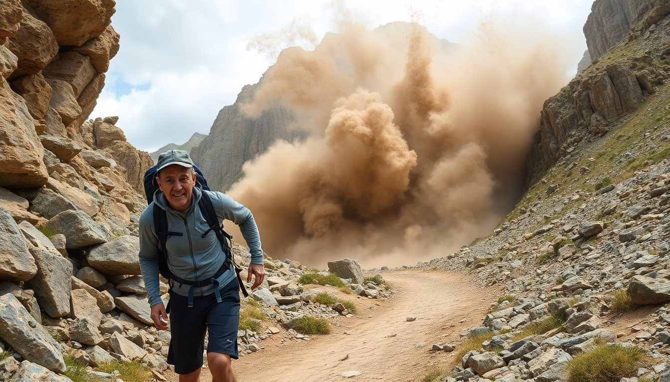 Sentier de randonnée bloqué par des rochers suite à un éboulement