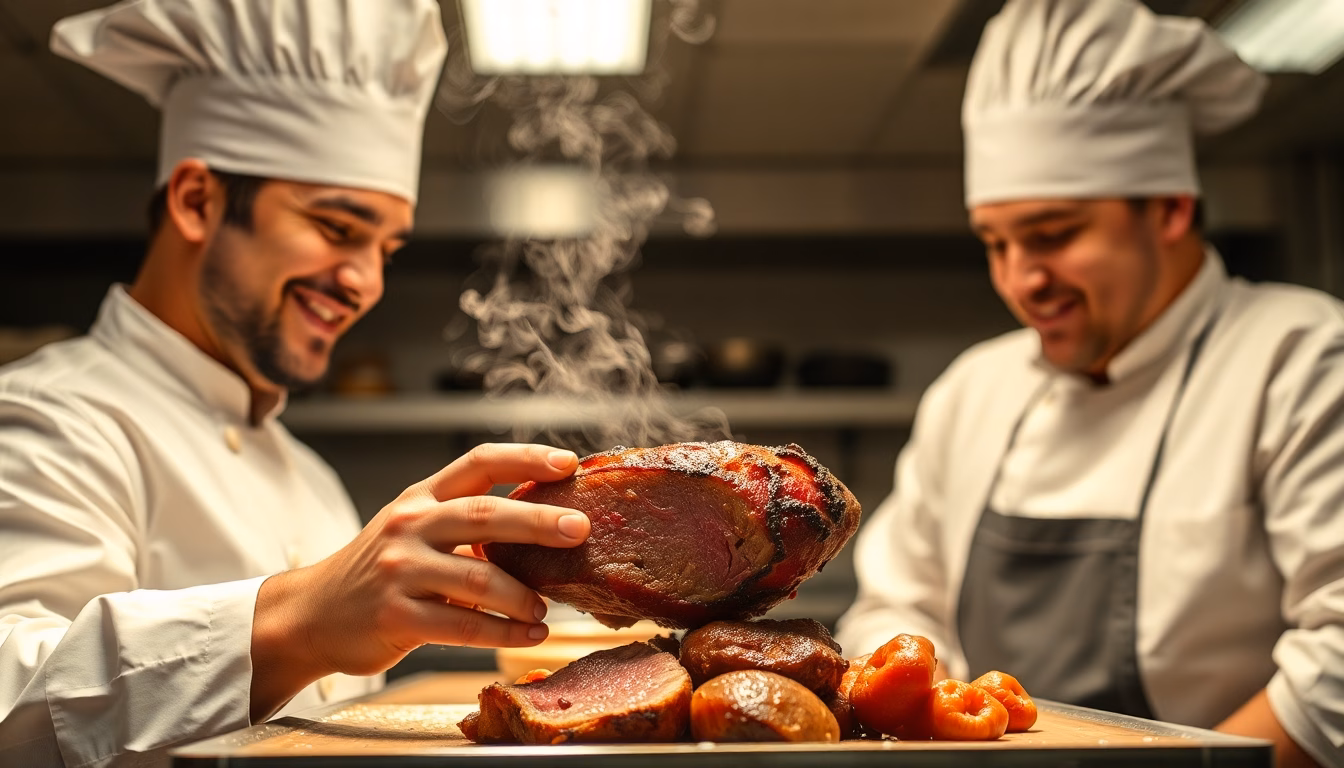 Viande cuite à basse température, tendre et juteuse, présentée dans une assiette gastronomique.