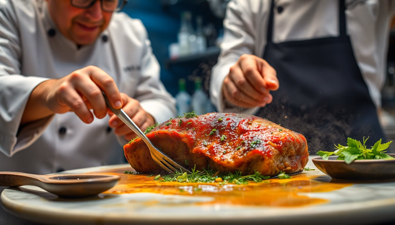 Un plat de viande marinée avant cuisson, avec des herbes fraîches.