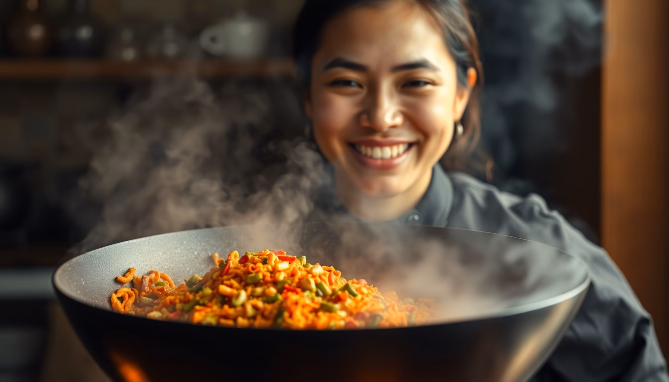 Aliments sautés dans un wok fumant
