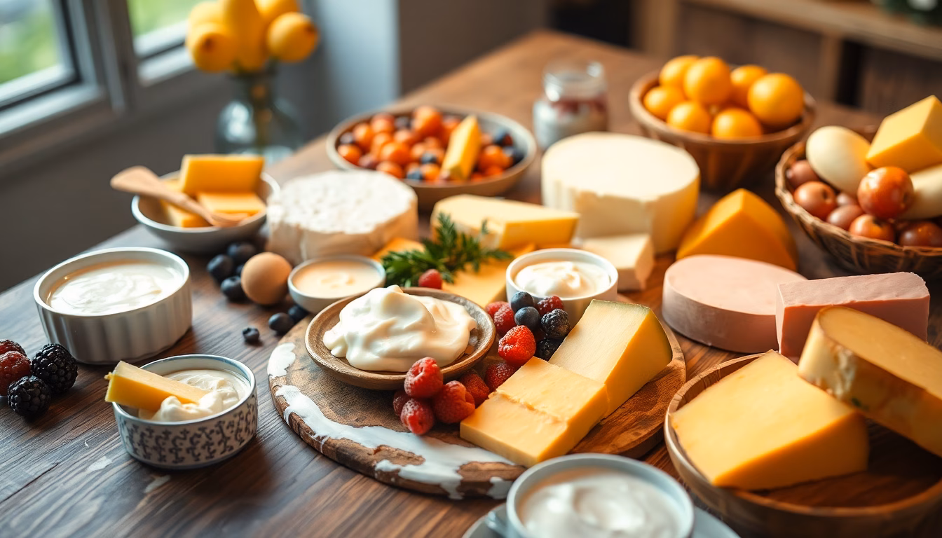 Assortiment de produits laitiers frais (fromage, lait, yaourt) sur un marché.