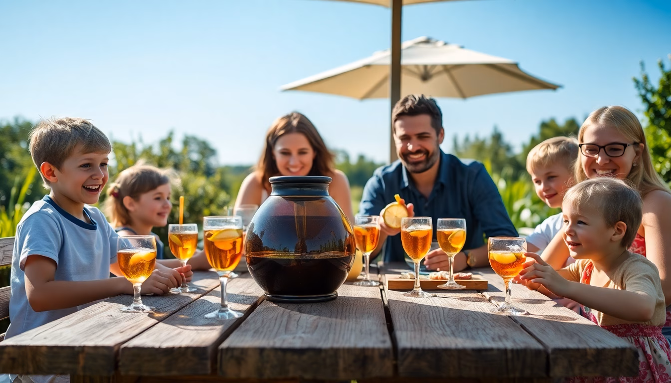 Une famille souriante dégustant un grand pichet de thé glacé avec des glaçons et des fruits.