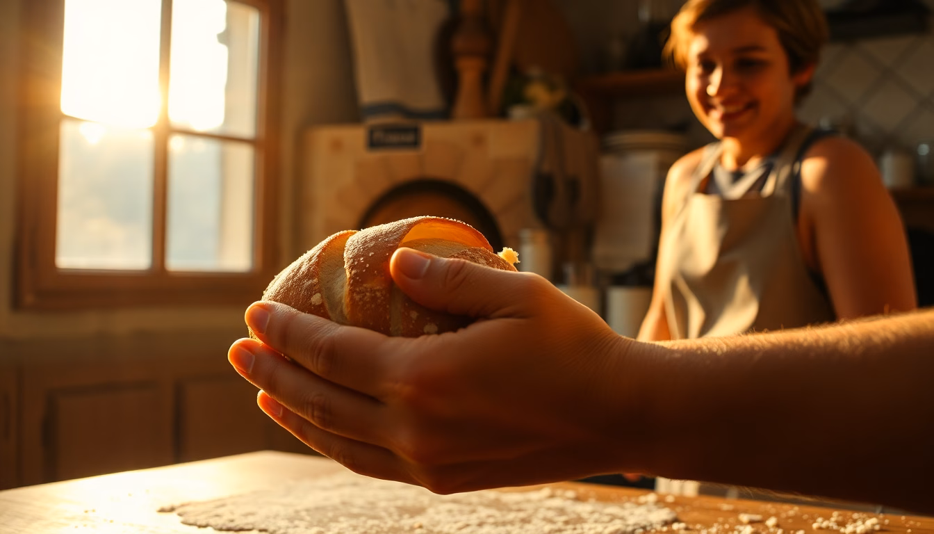Pain artisanal fraîchement sorti du four, avec une croûte dorée et appétissante.