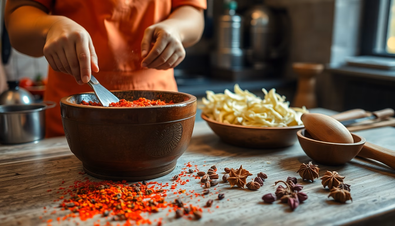 Un pot de harissa rouge vif fait maison, entouré de piments séchés et d'épices.
