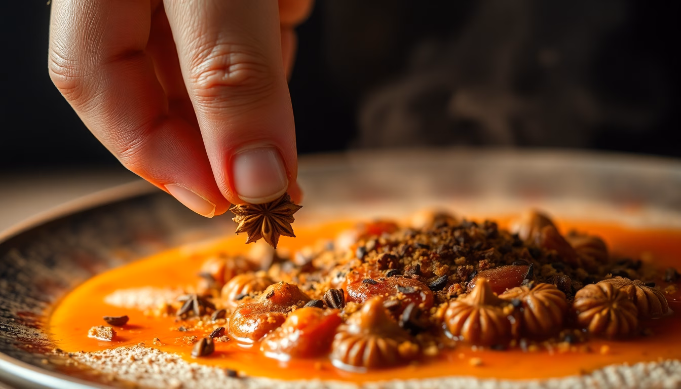 Un pot d'épice rare sur un fond de plats colorés