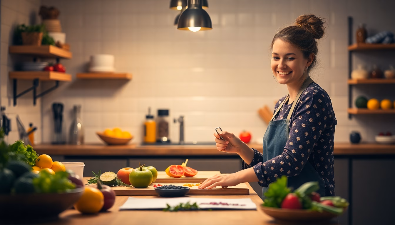 Une personne souriante en train de cuisiner avec plaisir.