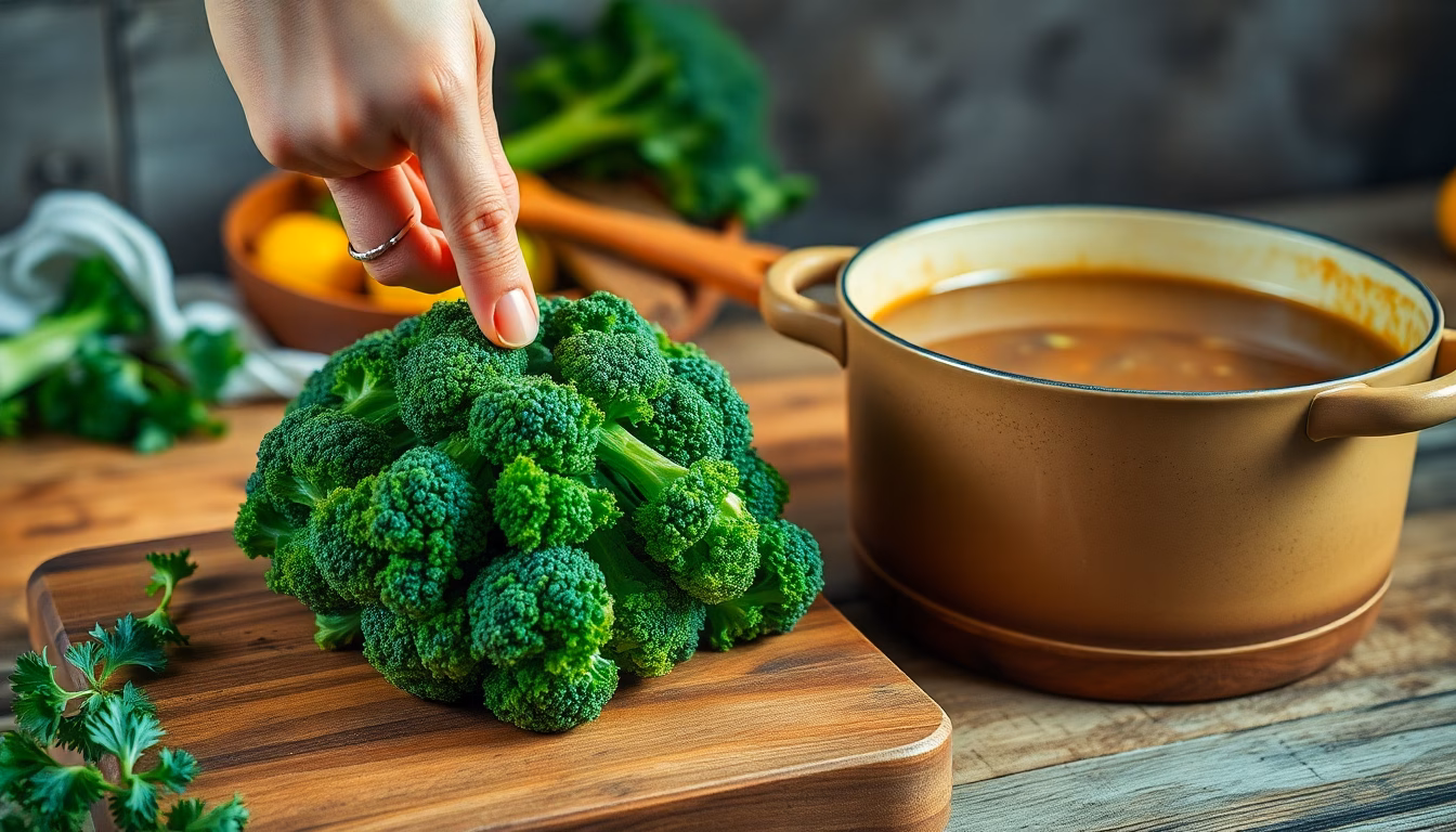 Morceaux de trognon de brocoli ajoutés à un bouillon en cours de préparation