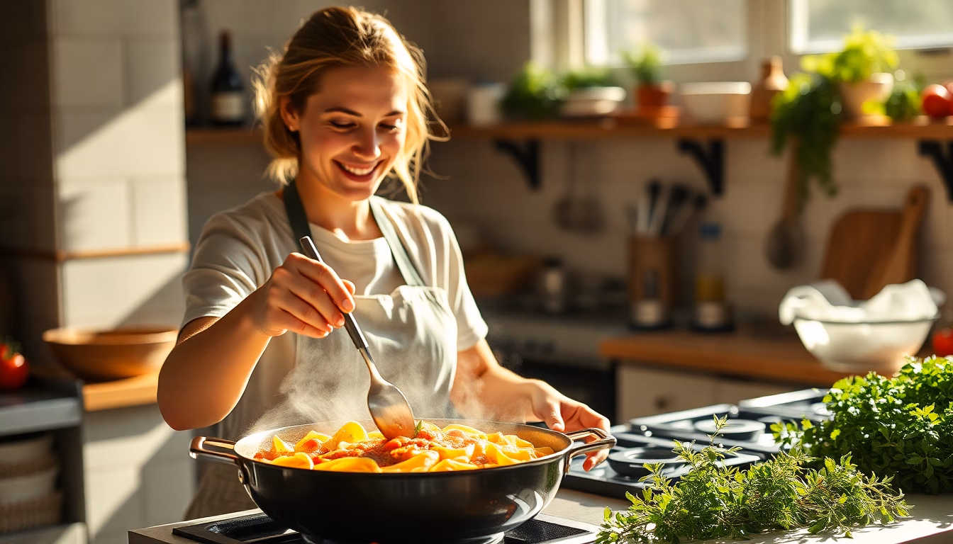 Une louche récupérant l'eau de cuisson des pâtes près d'une casserole.