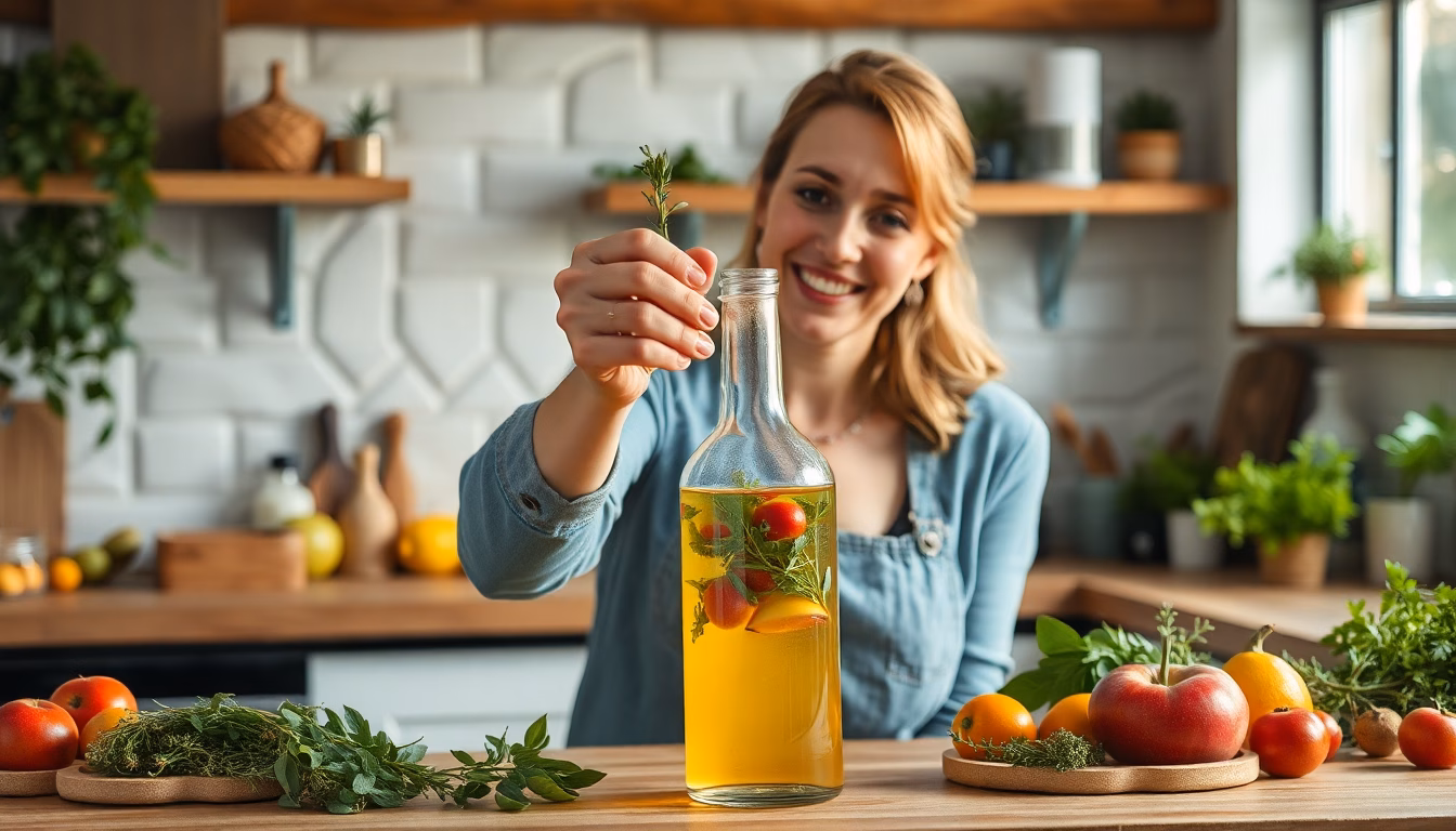 Bocal en verre rempli de vinaigre aromatisé avec des herbes et des fruits, à côté d'une salade fraîche.