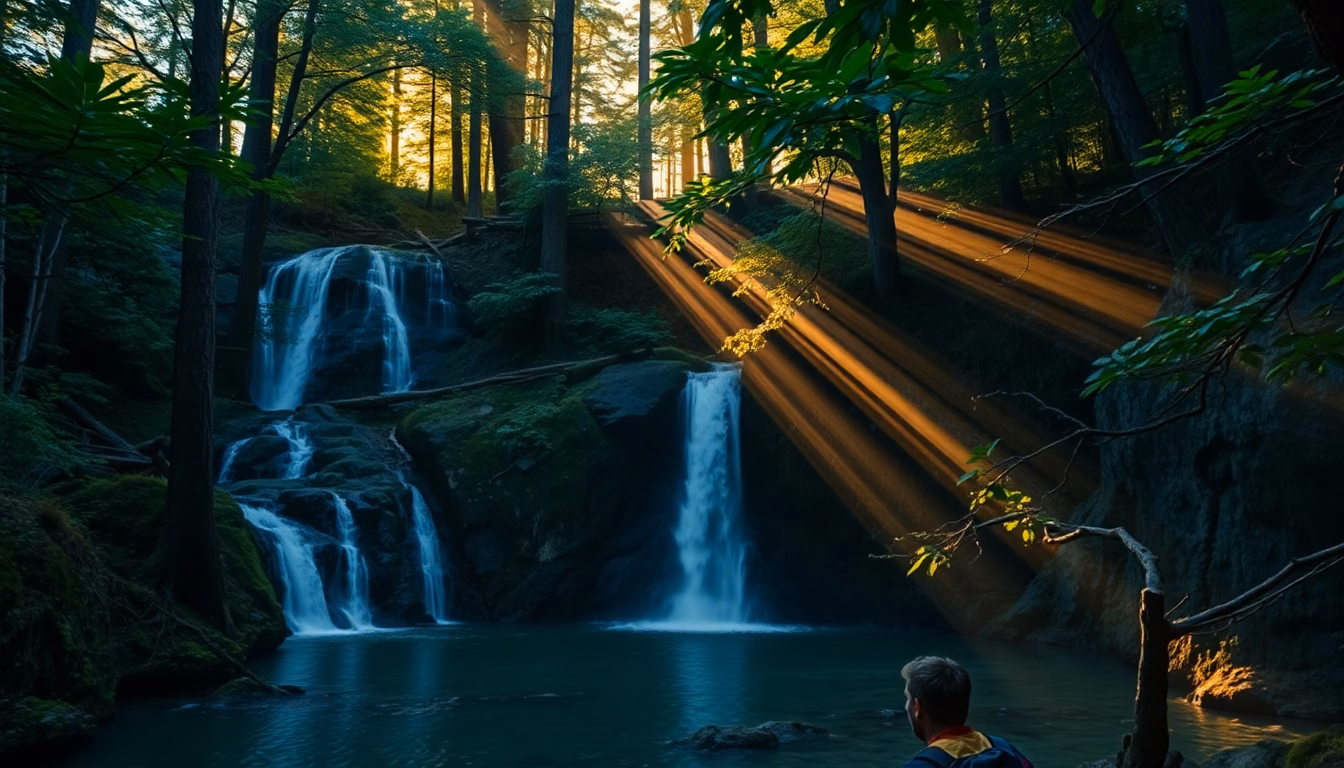 Cascade cachée au milieu d'une forêt luxuriante dans les Vosges.