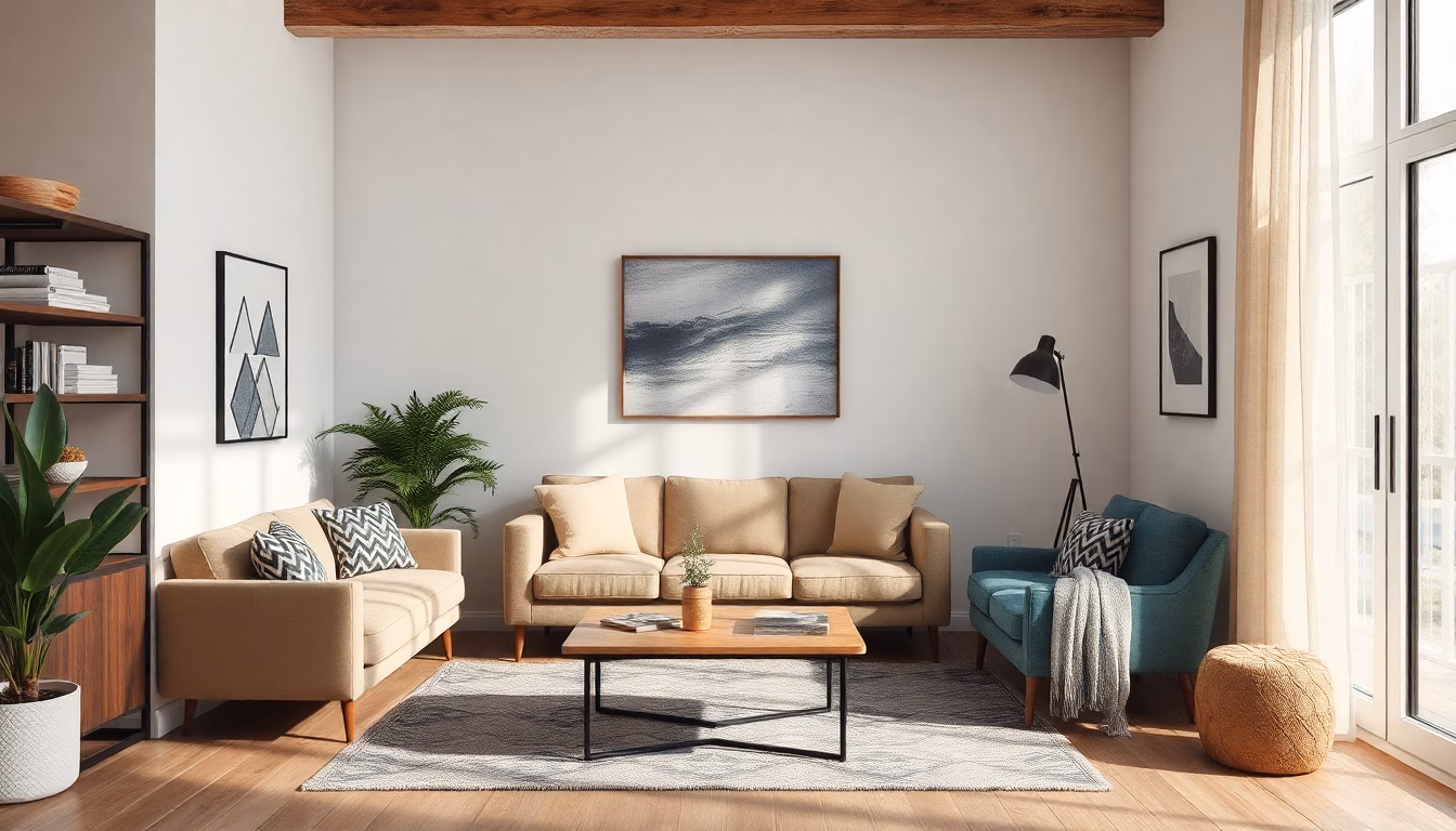 Salon décoré dans un style rustique et moderne