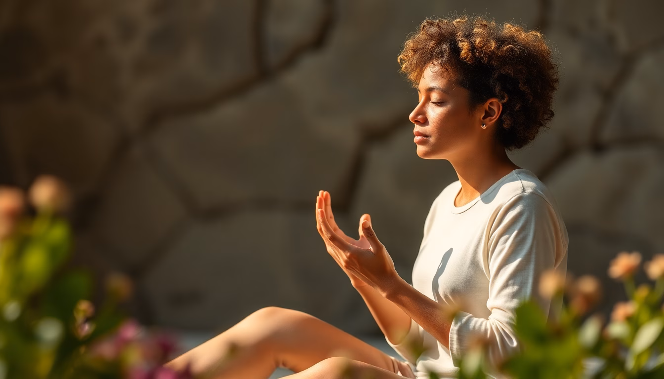 Personne méditant dans la nature au coucher du soleil