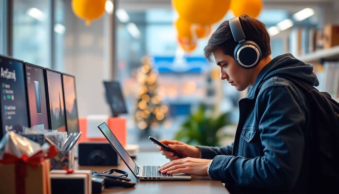 Logo Amazon entouré d'icônes high-tech avec réductions