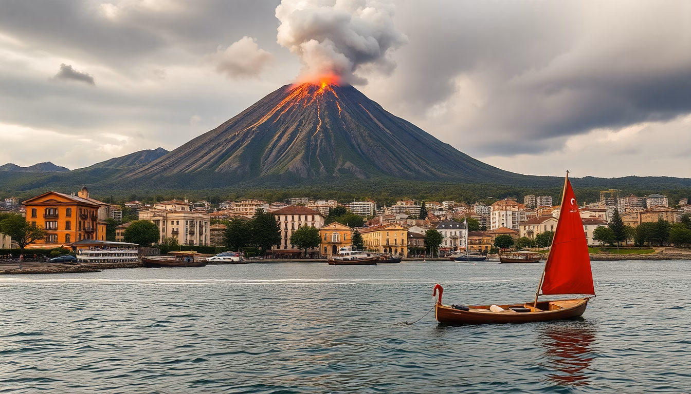 volcan actif au-dessus d'une ville