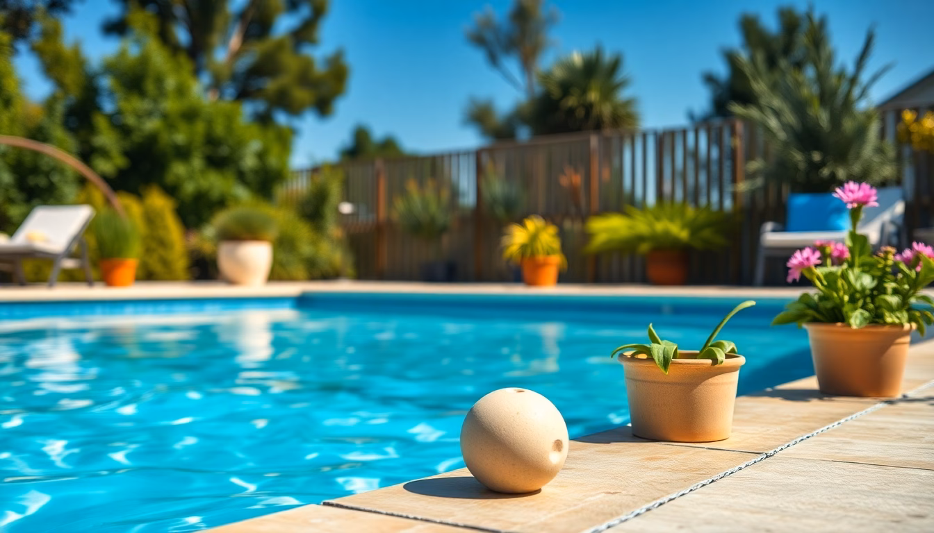 Piscine étincelante avec personne appliquant produit d'entretien
